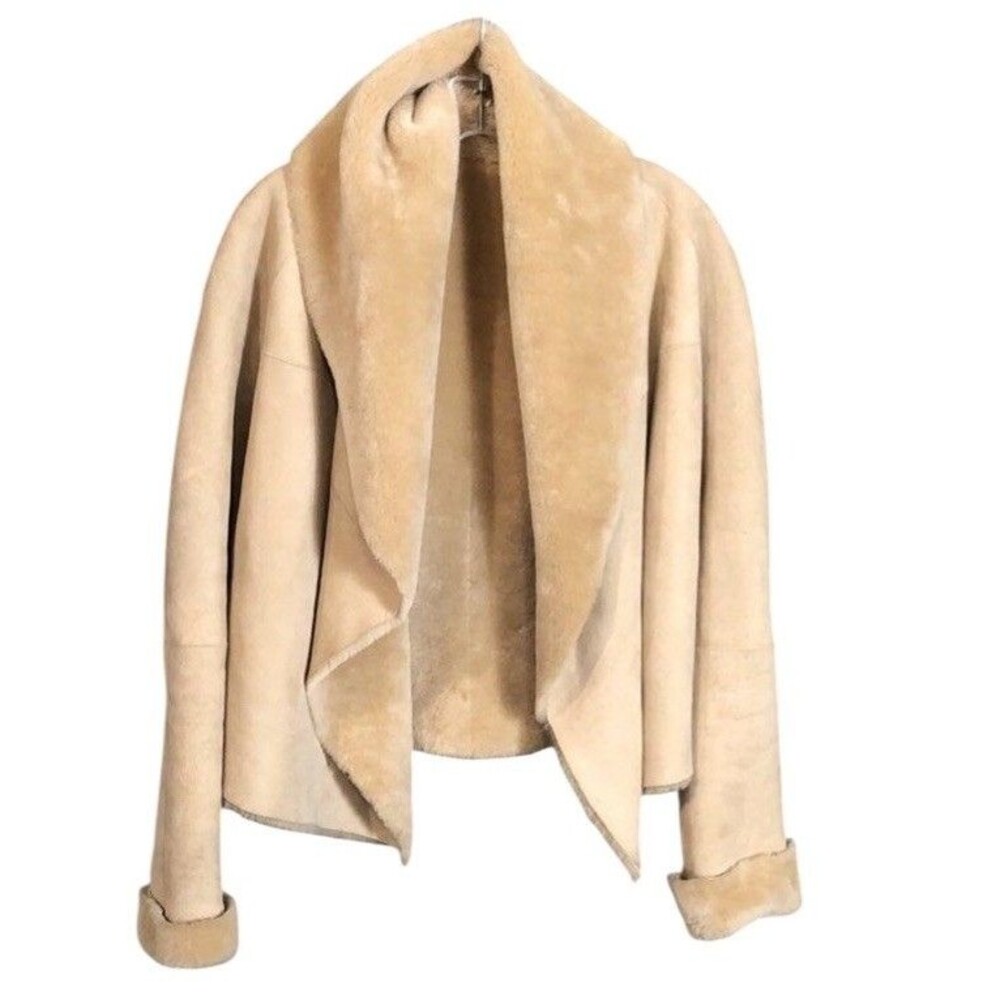 Farhi Nicole Farhi Women’s 100% Sheepskin Suede Short Beige Waterfall Coat